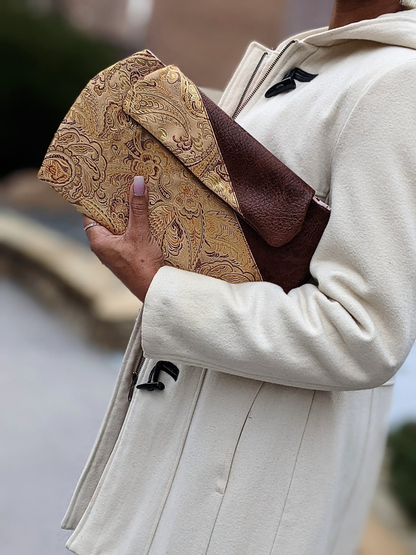 Two-Tone Haberry Oversized Clutch in Jacquard & Faux Leather